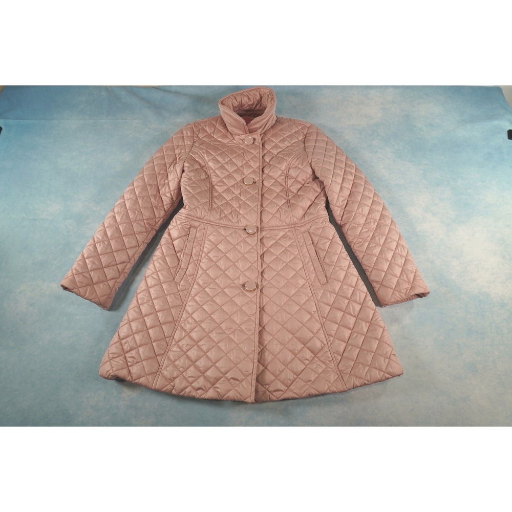 Kate Spade Womens Quilted Puffer Coat Medium Pink Bow Back Snap Front K26714C